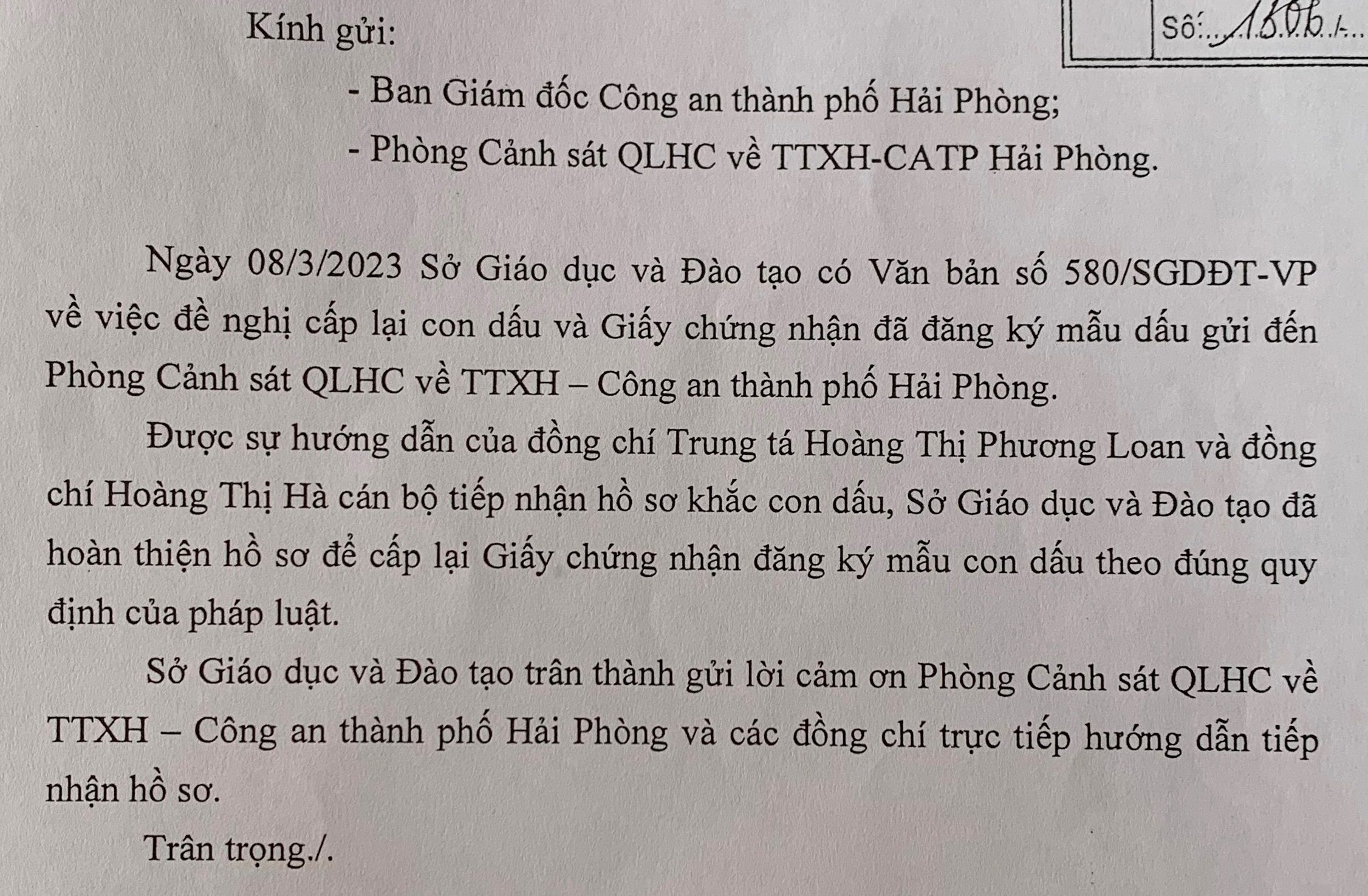 Sở GD&ĐT gửi Thư cảm ơn cán bộ Đội 3, Phòng Cảnh sát QLHC về TTXH